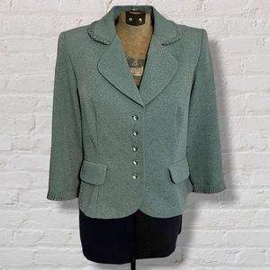 Vintage Miss Dorby Blue Ruffled Woven Floral Design Glass Button Blazer